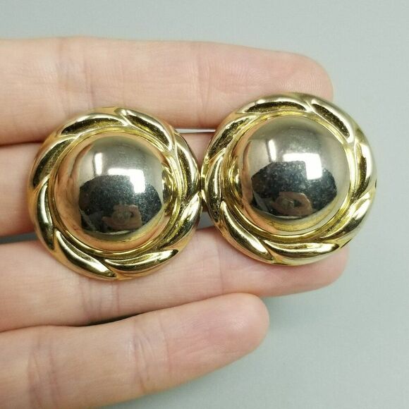 Vintage Gold Tone Dome Shape Clip On Earrings, 80s 90s Retro Style, Estate - Picture 1 of 7